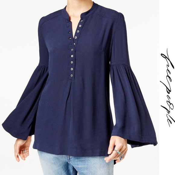 Free People Tops - Free People Easy Girl Top Peasant Blouse Bell Sleeve Button Front Blue Size XS